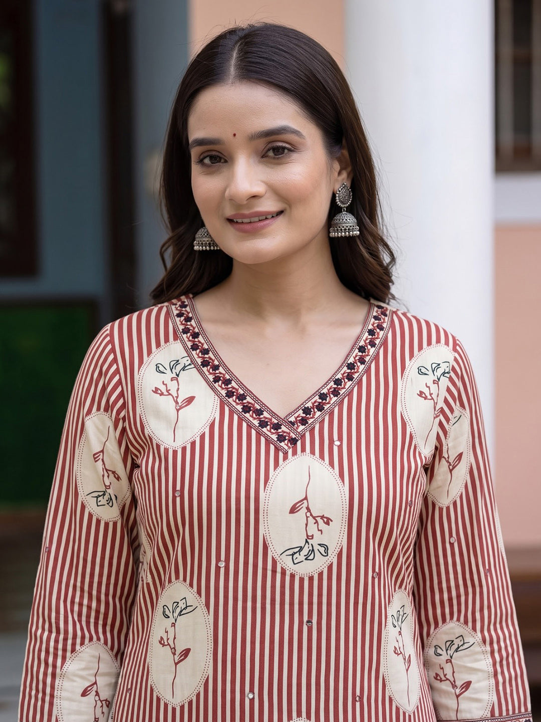 Rust Printed Cotton Blend Kurta With Pant &amp; Dupatta