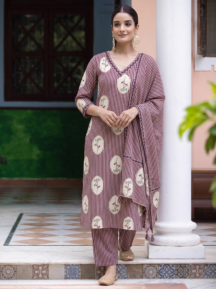 Wine Printed Cotton Blend Kurta With Pant &amp; Dupatta