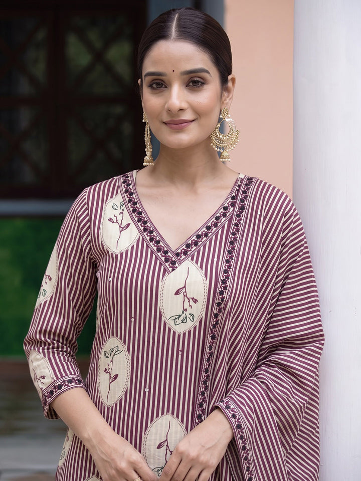Wine Printed Cotton Blend Kurta With Pant &amp; Dupatta
