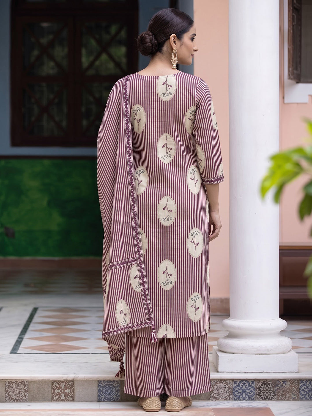 Wine Printed Cotton Blend Kurta With Pant &amp; Dupatta