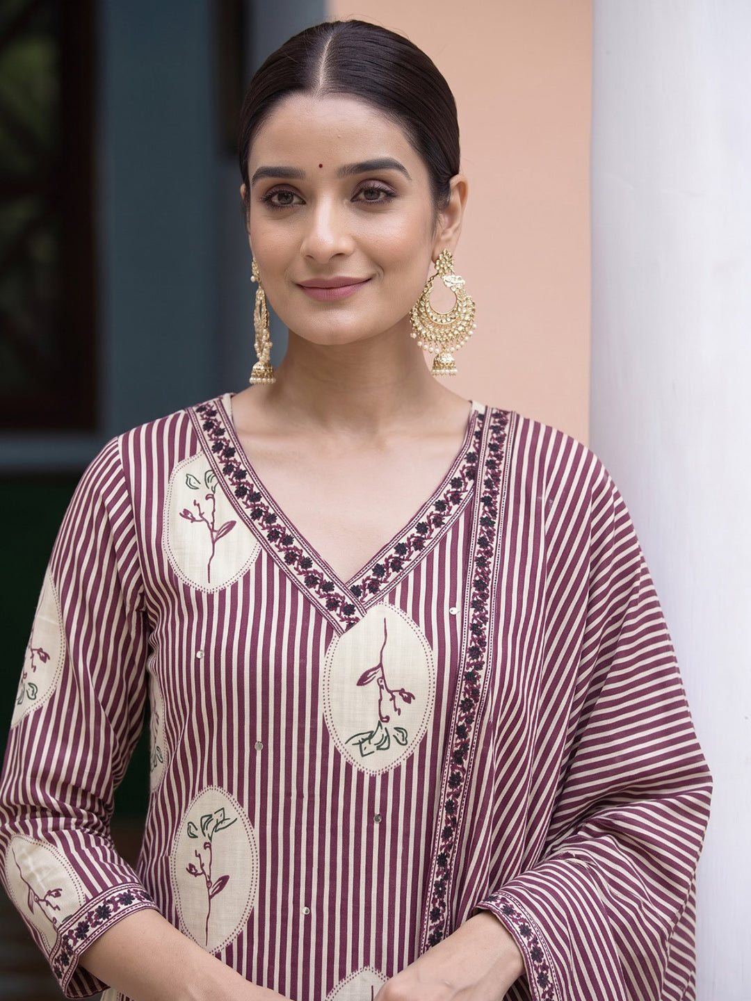 Wine Printed Cotton Blend Kurta With Pant &amp; Dupatta