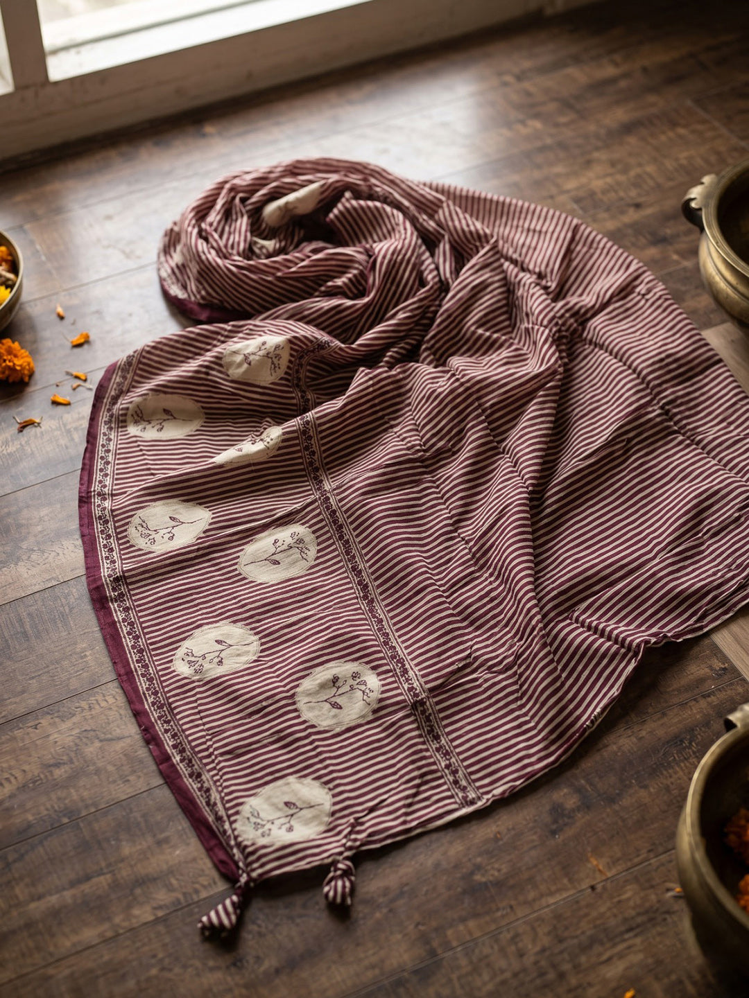 Wine Printed Cotton Blend Kurta With Pant &amp; Dupatta