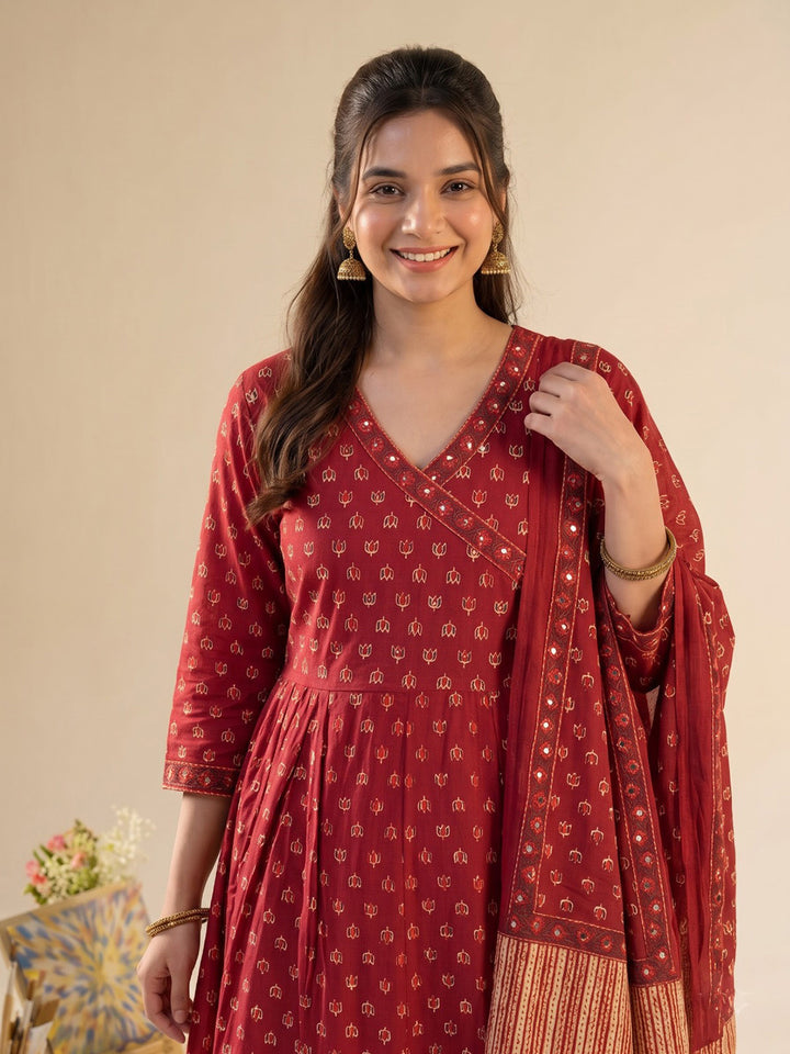 Red Printed Cotton Blend Kurta With Pant &amp; Dupatta
