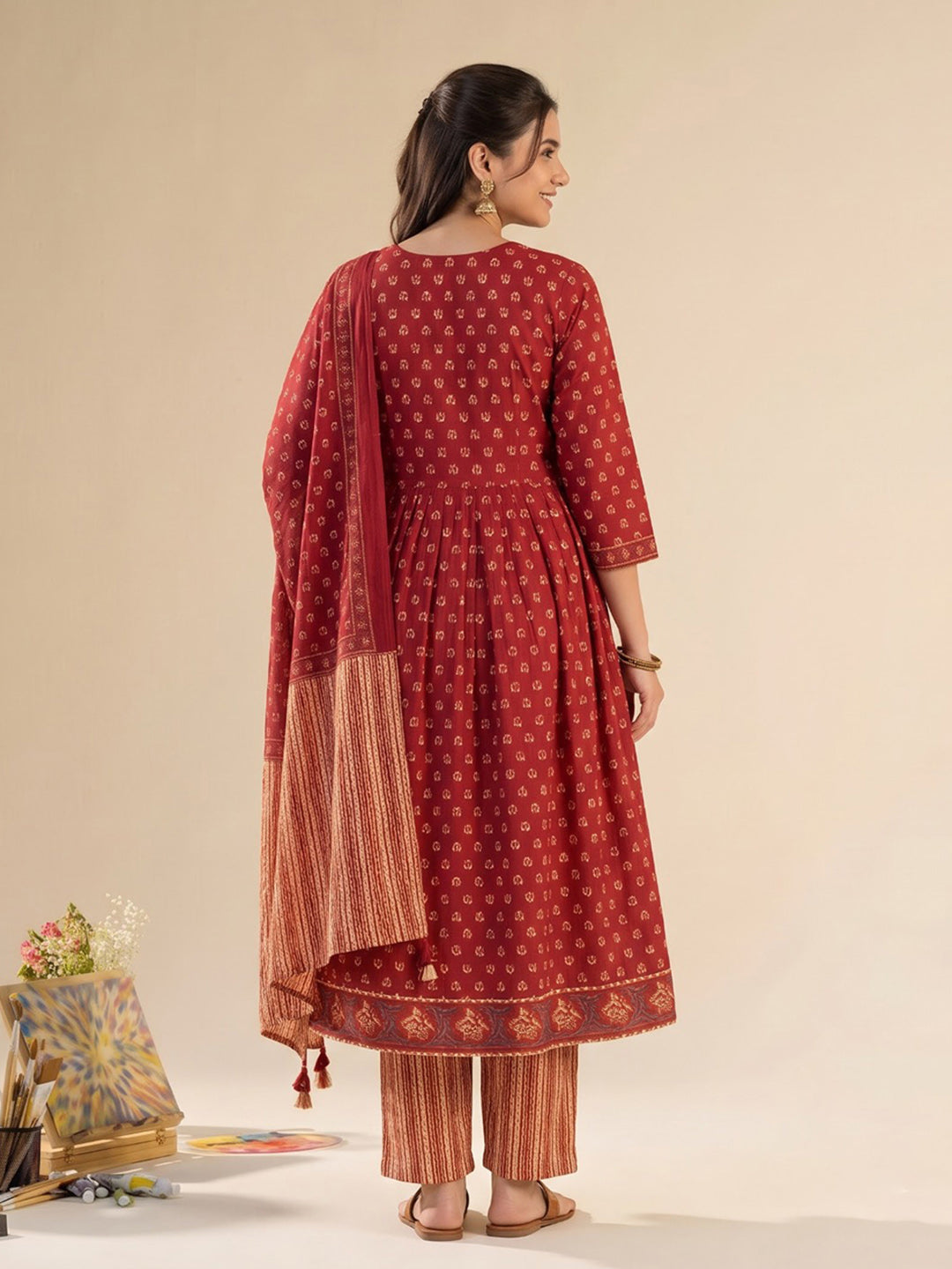 Red Printed Cotton Blend Kurta With Pant &amp; Dupatta