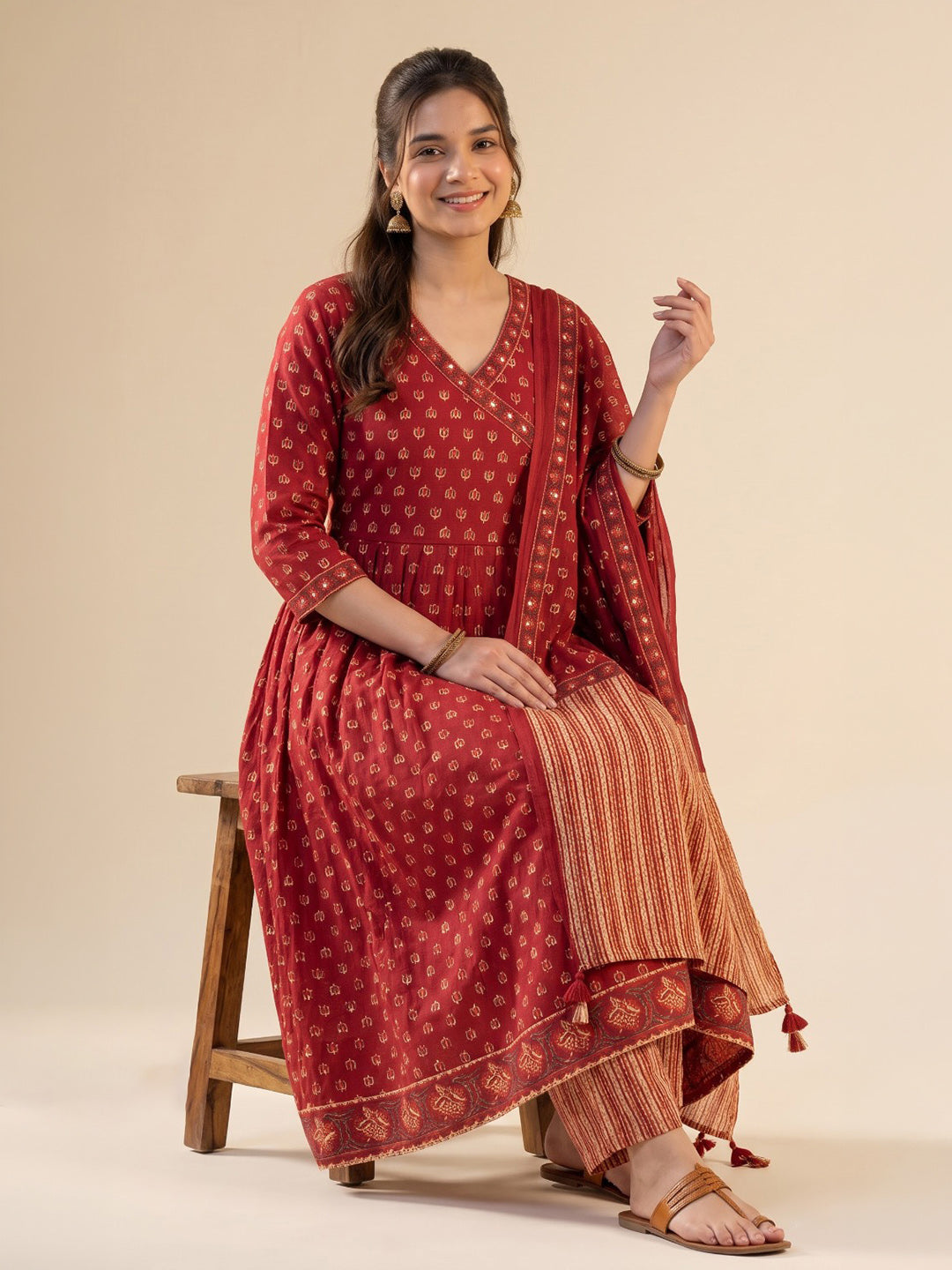 Red Printed Cotton Blend Kurta With Pant &amp; Dupatta