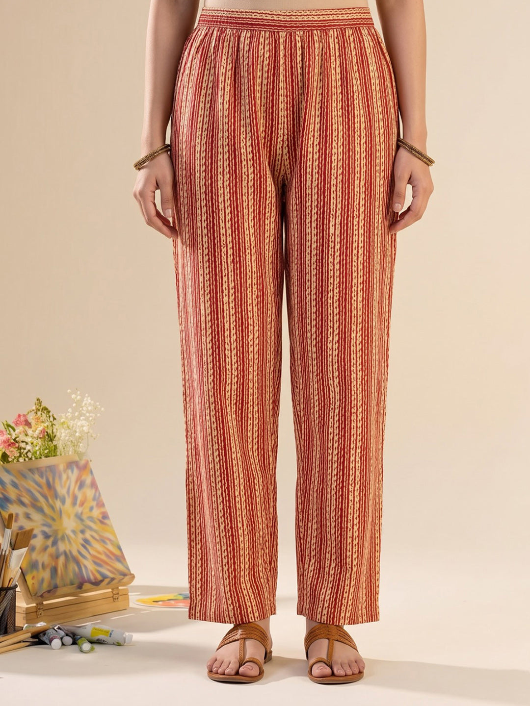 Red Printed Cotton Blend Kurta With Pant &amp; Dupatta