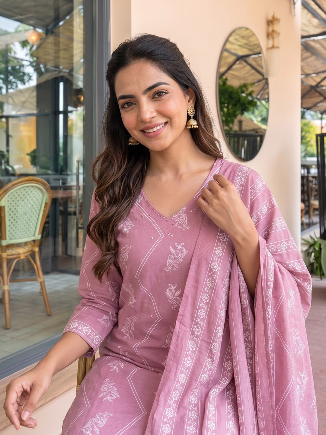 Pink Lt Printed Cotton Blend Kurta With Pant &amp; Dupatta