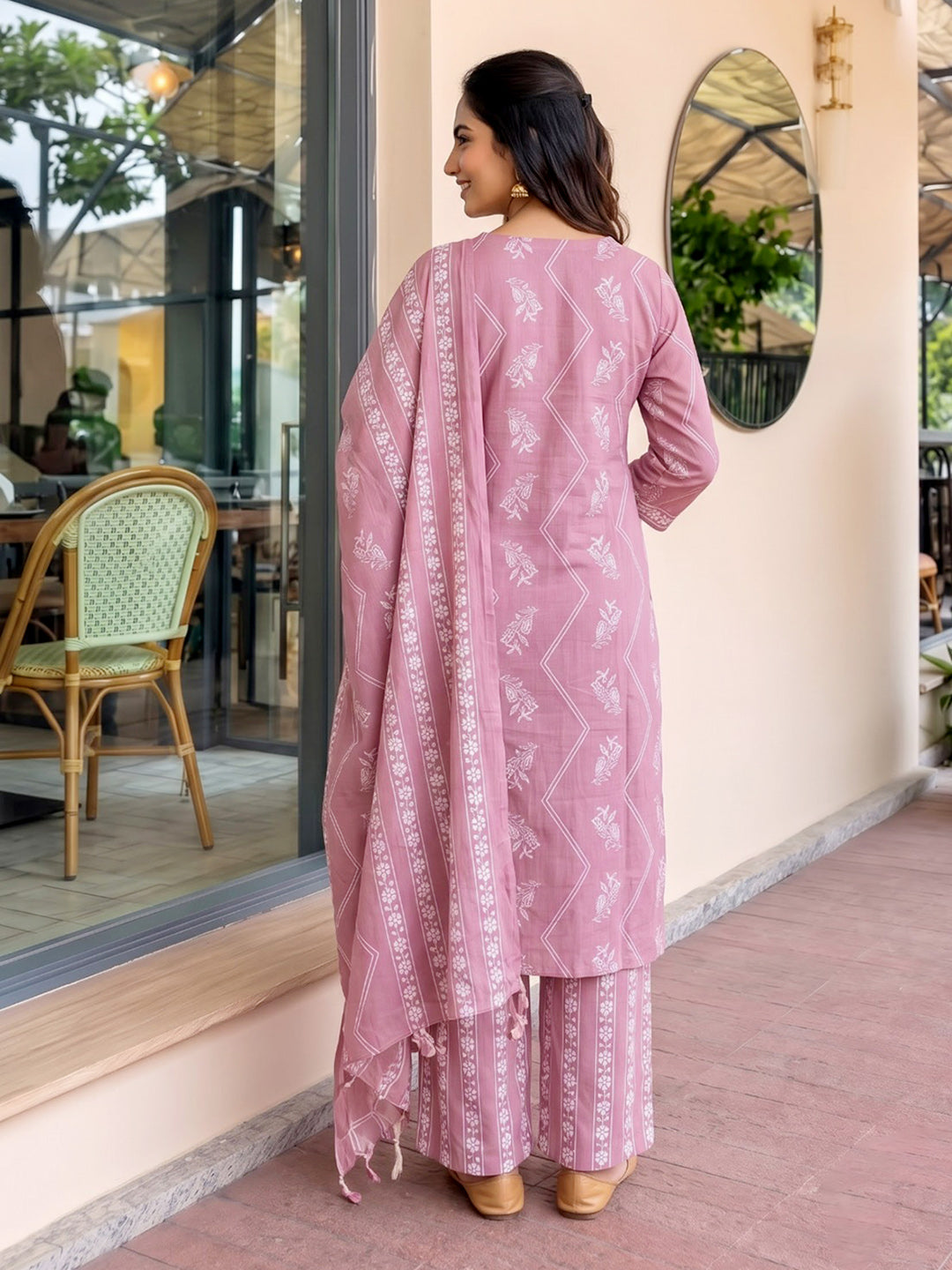 Pink Lt Printed Cotton Blend Kurta With Pant &amp; Dupatta