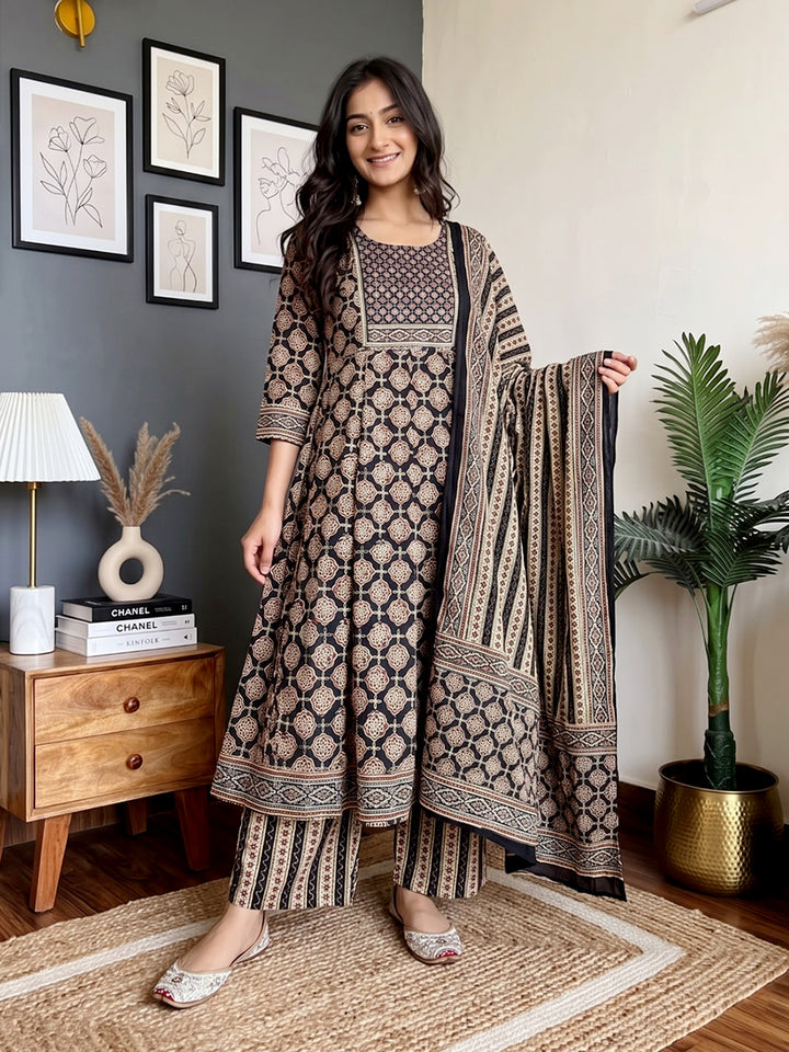Black Printed Cotton Blend Kurta With Pant &amp; Dupatta