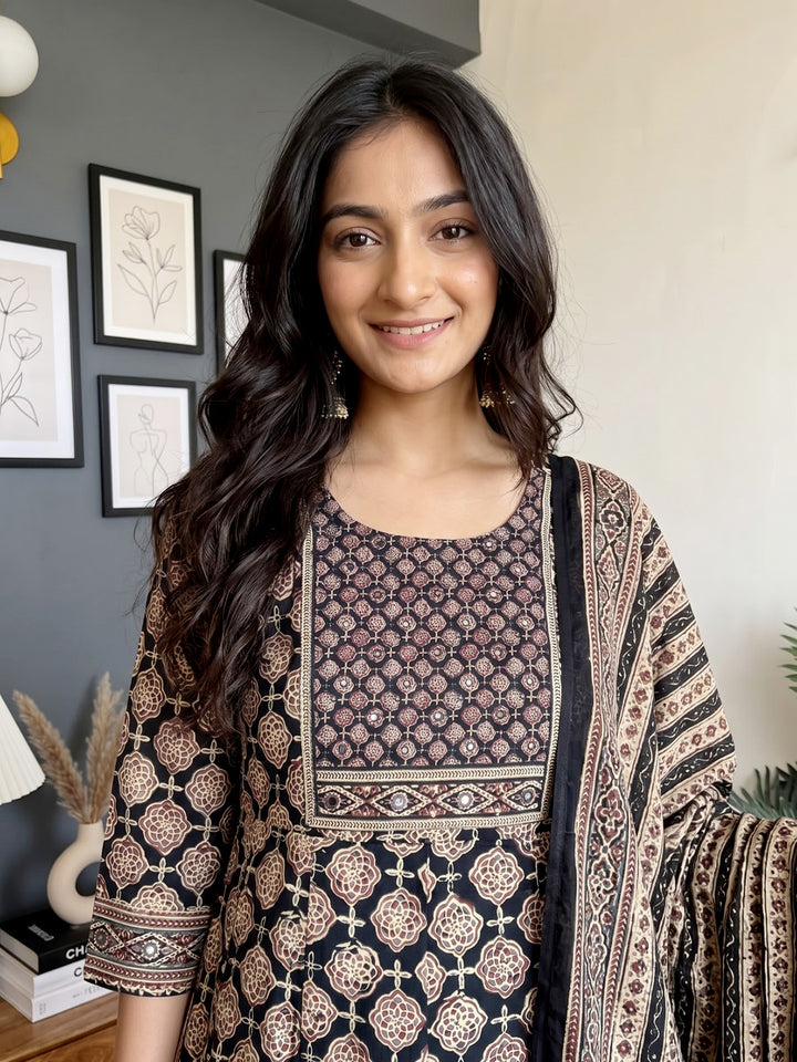 Black Printed Cotton Blend Kurta With Pant &amp; Dupatta