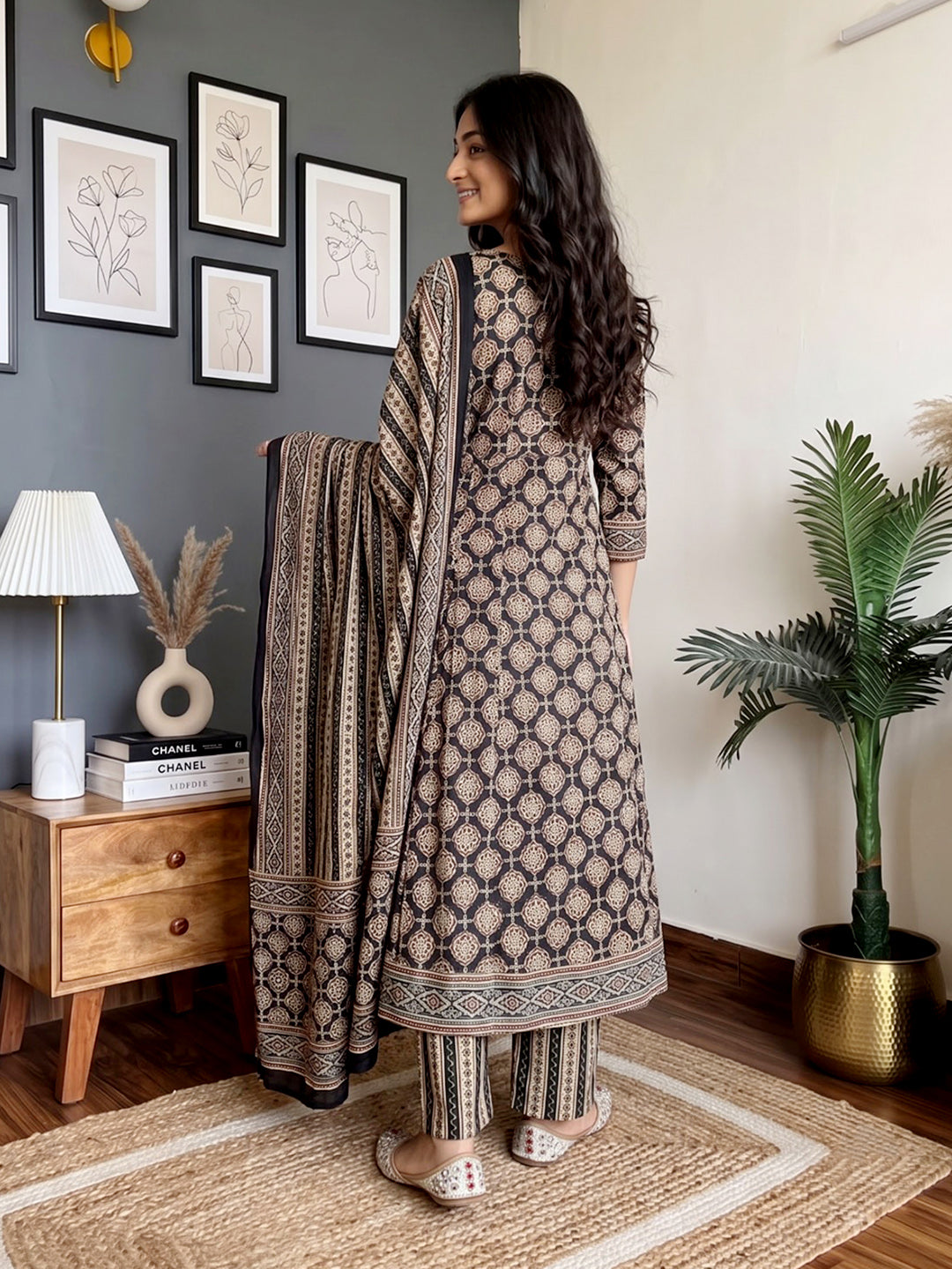 Black Printed Cotton Blend Kurta With Pant &amp; Dupatta