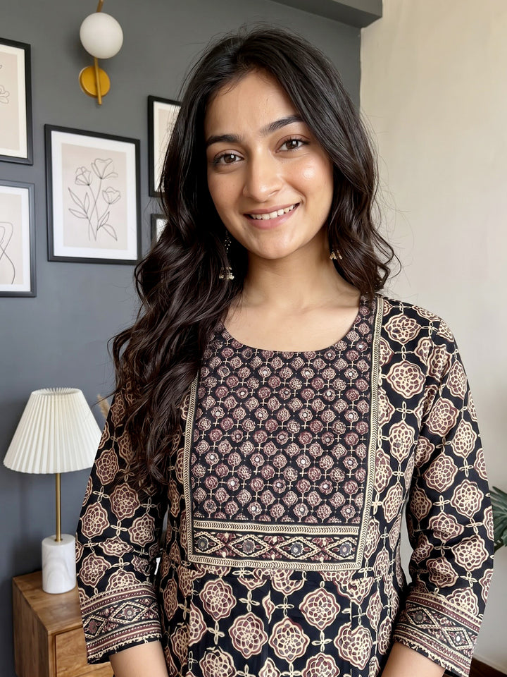 Black Printed Cotton Blend Kurta With Pant &amp; Dupatta