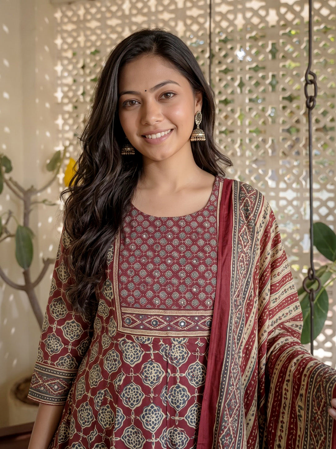 Maroon Printed Cotton Blend Kurta With Pant &amp; Dupatta