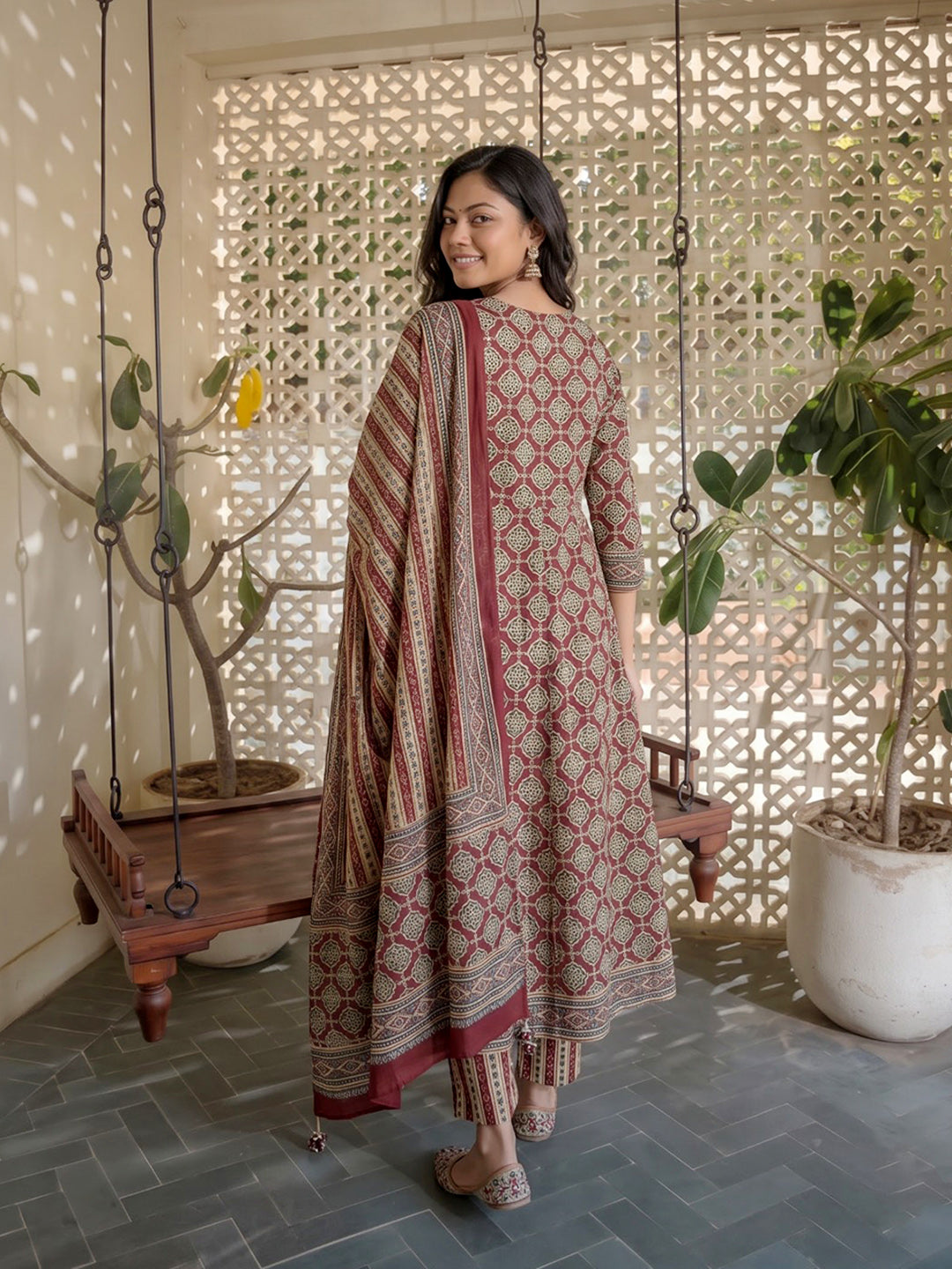 Maroon Printed Cotton Blend Kurta With Pant &amp; Dupatta