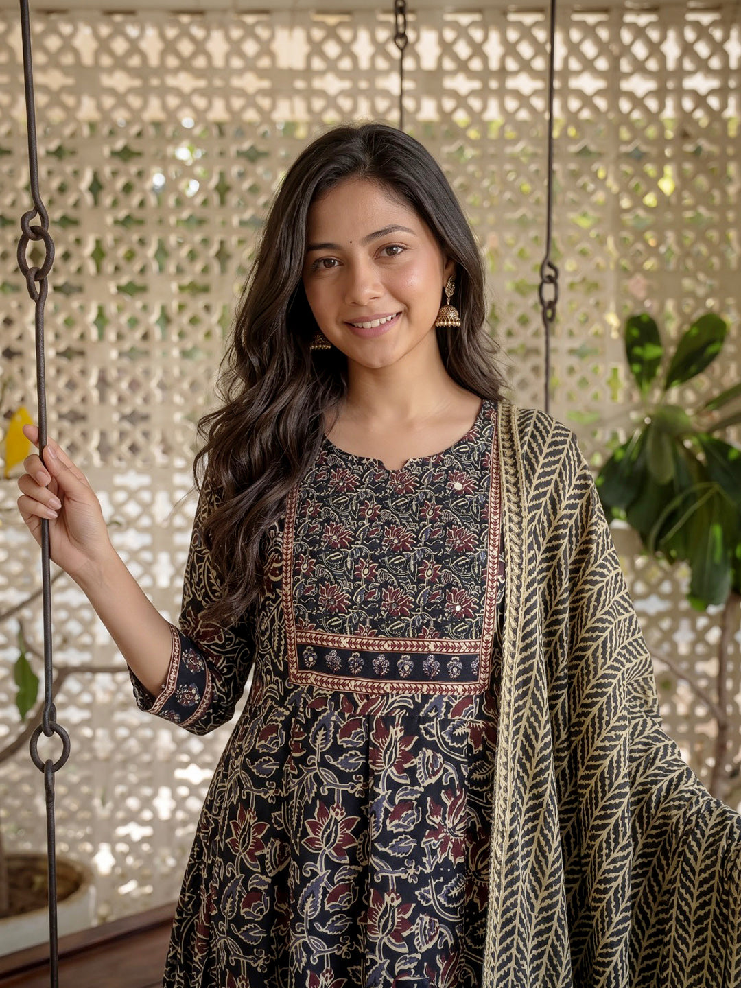 Black Printed Cotton Blend Kurta With Pant &amp; Dupatta