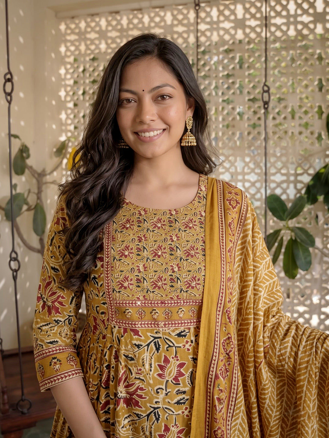 Yellow Printed Cotton Blend Kurta With Pant &amp; Dupatta