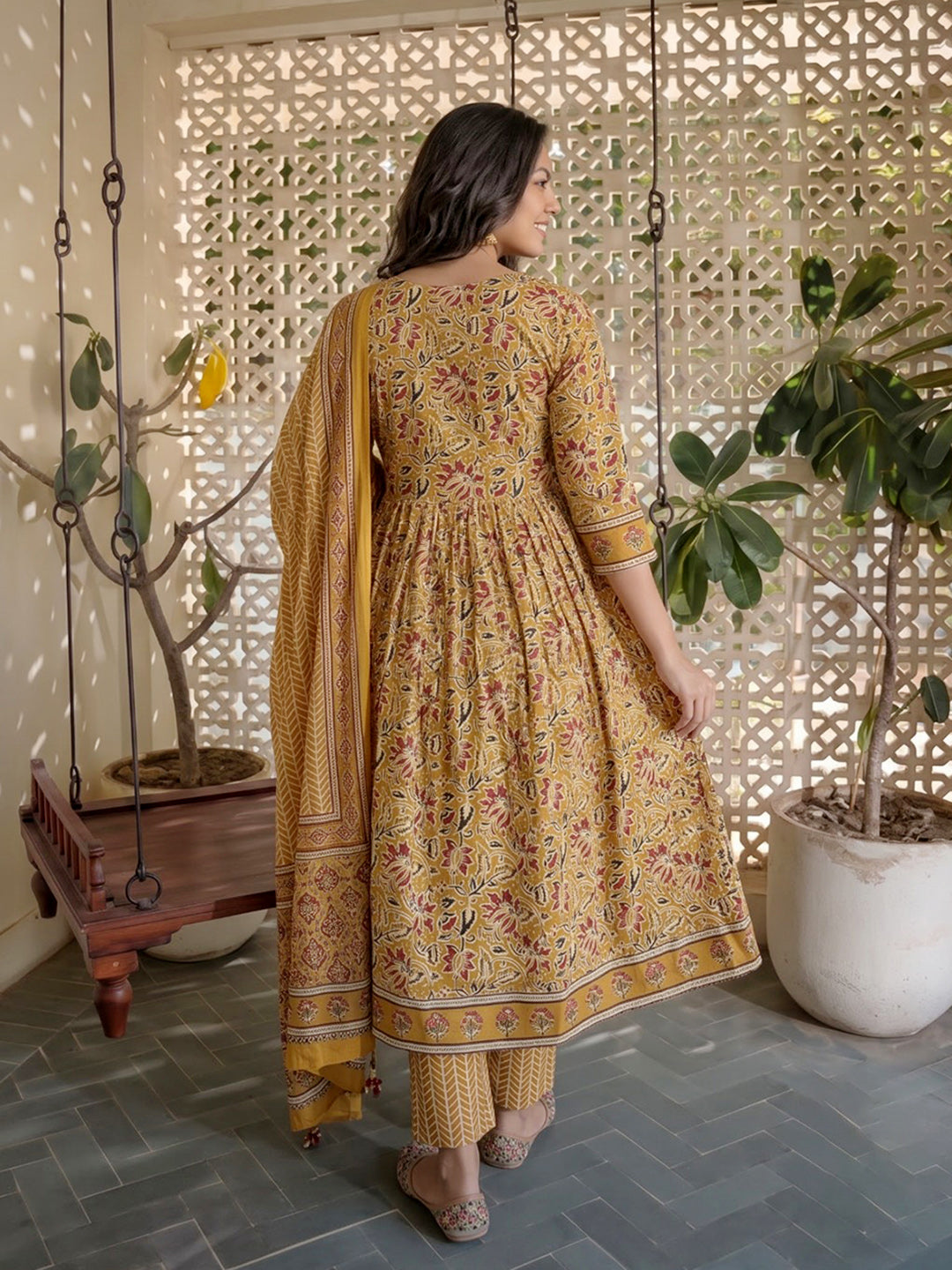 Yellow Printed Cotton Blend Kurta With Pant &amp; Dupatta