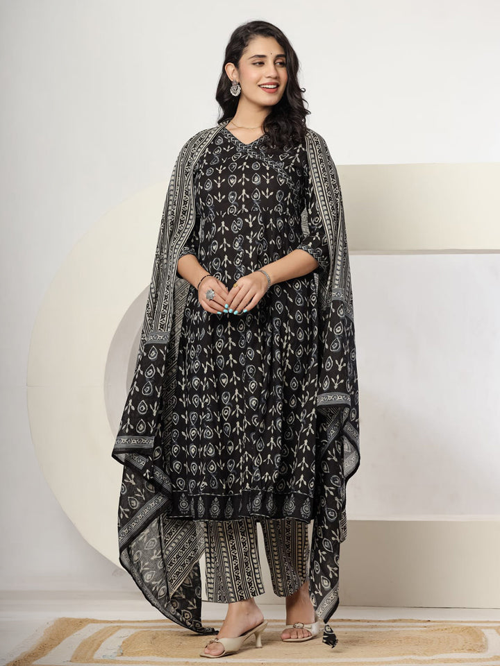 Black Printed Cotton Blend Kurta With Pant &amp; Dupatta