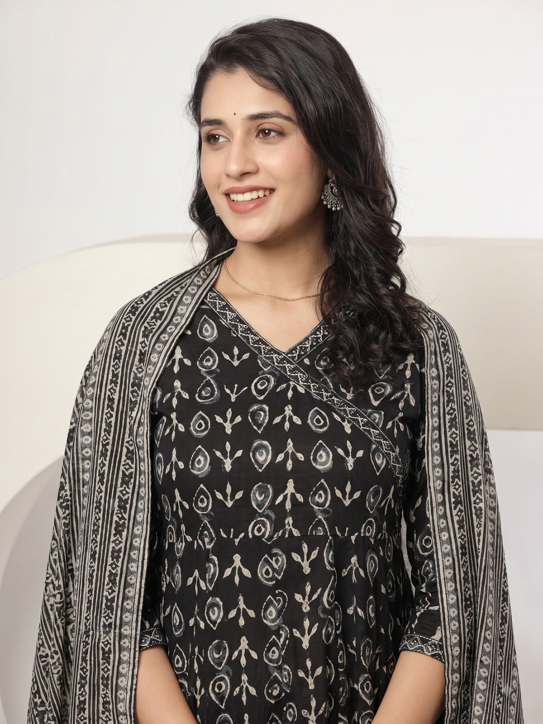 Black Printed Cotton Blend Kurta With Pant &amp; Dupatta