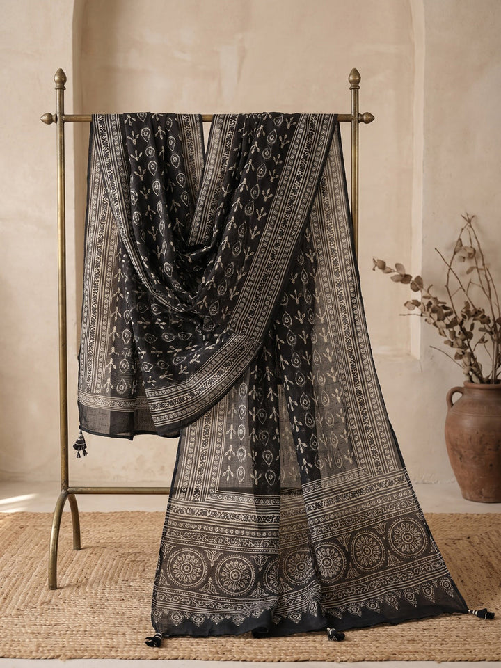 Black Printed Cotton Blend Kurta With Pant &amp; Dupatta