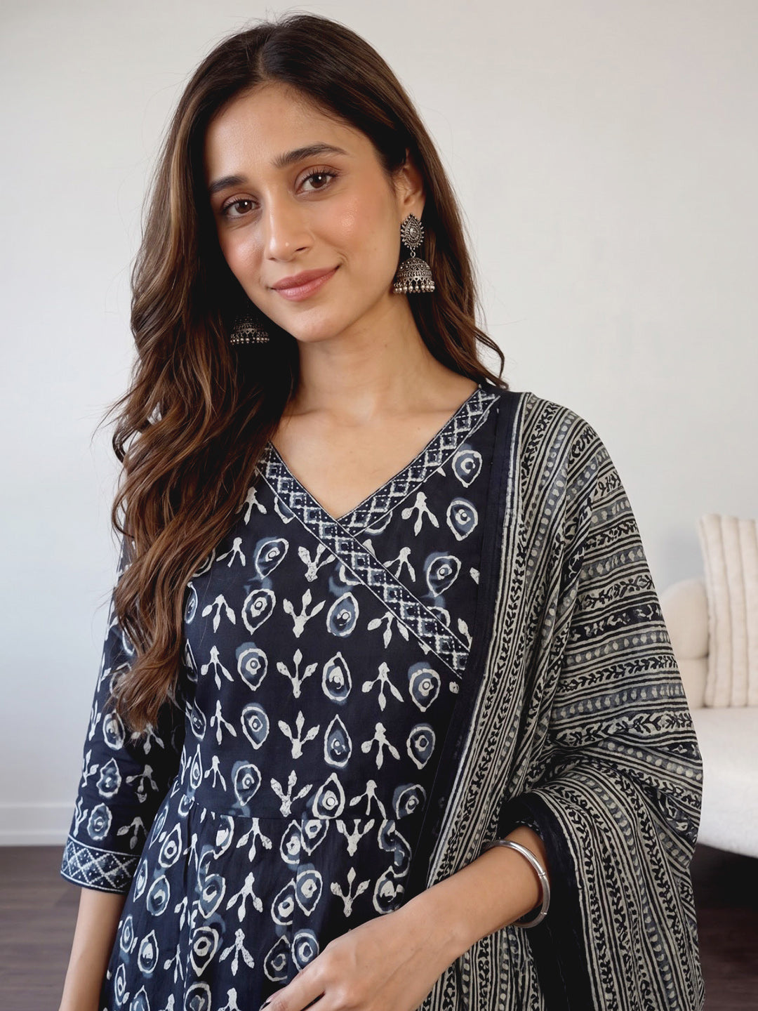Navy Blue Printed Cotton Blend Kurta With Pant &amp; Dupatta