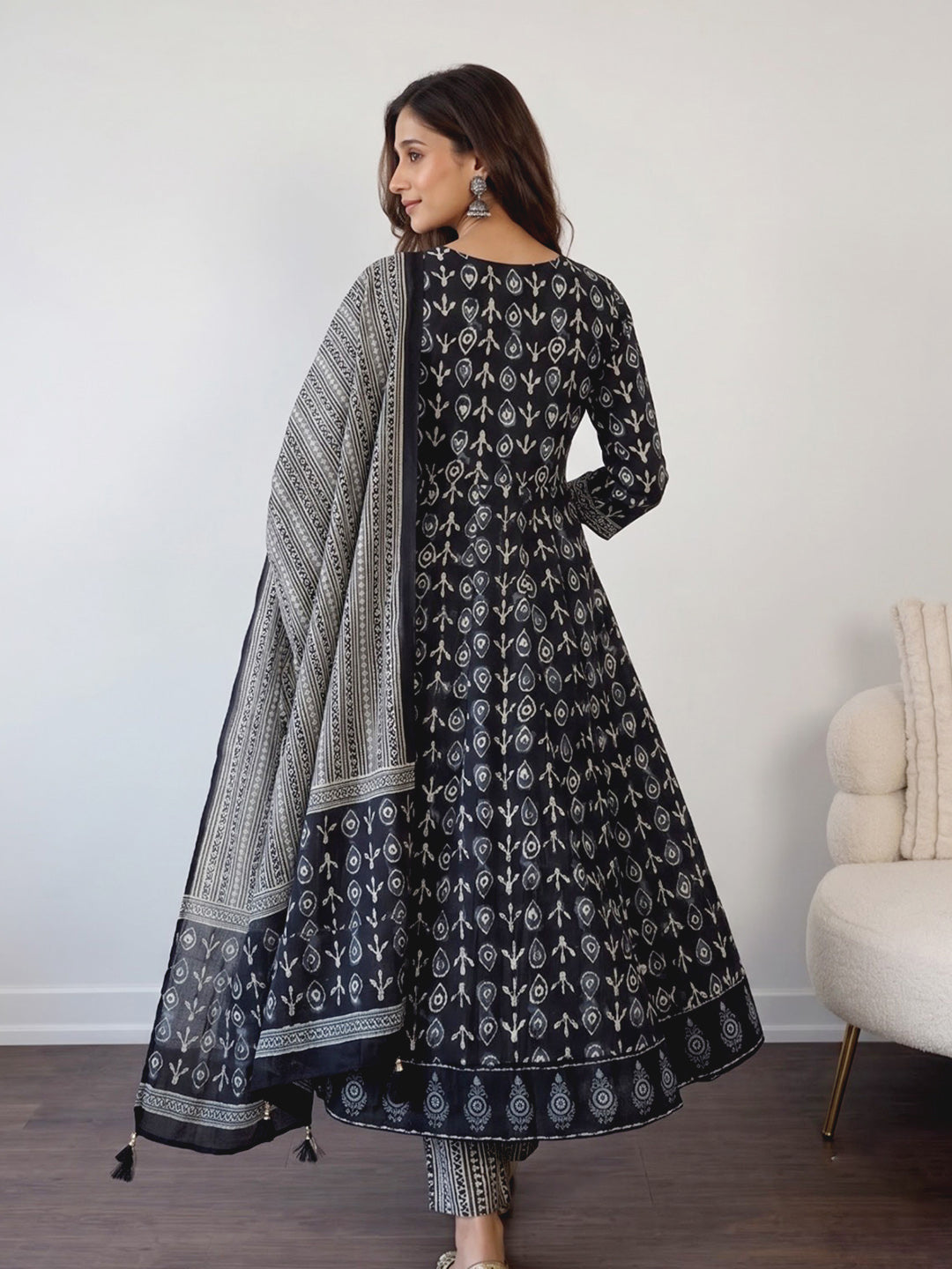 Navy Blue Printed Cotton Blend Kurta With Pant &amp; Dupatta