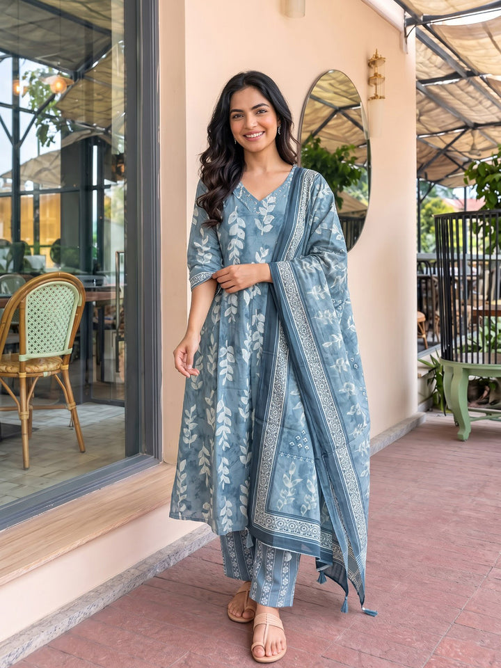 Blue Printed Cotton Blend Kurta With Pant &amp; Dupatta