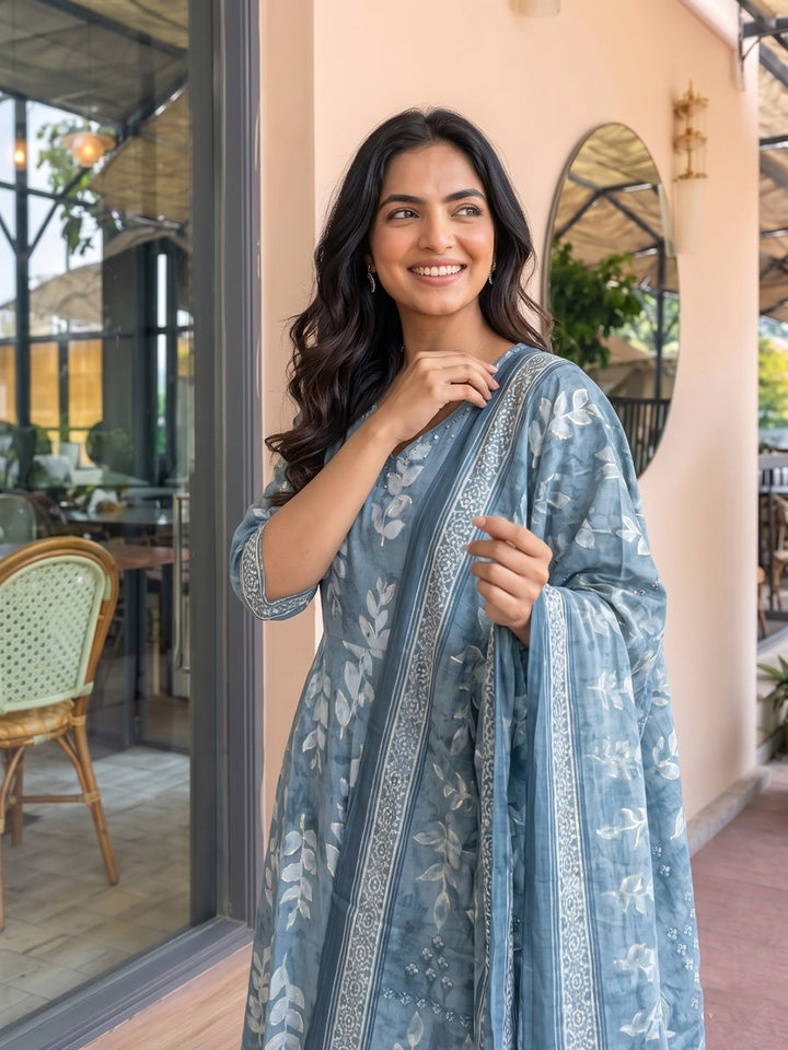 Blue Printed Cotton Blend Kurta With Pant &amp; Dupatta