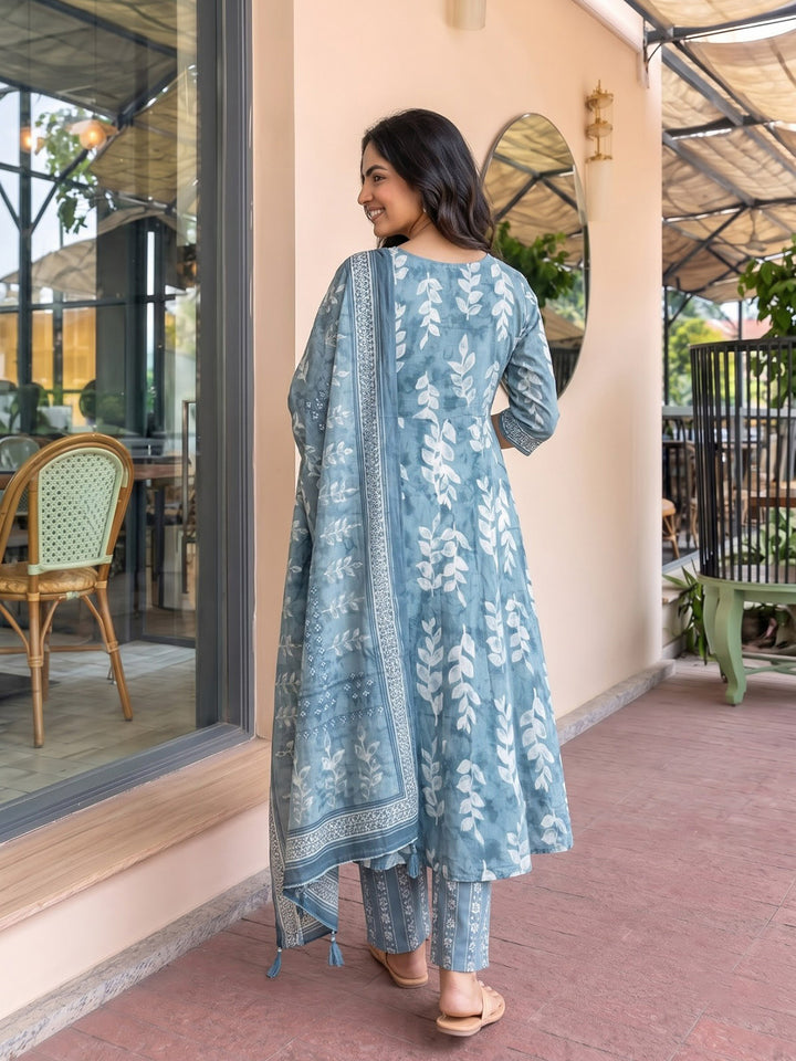 Blue Printed Cotton Blend Kurta With Pant &amp; Dupatta