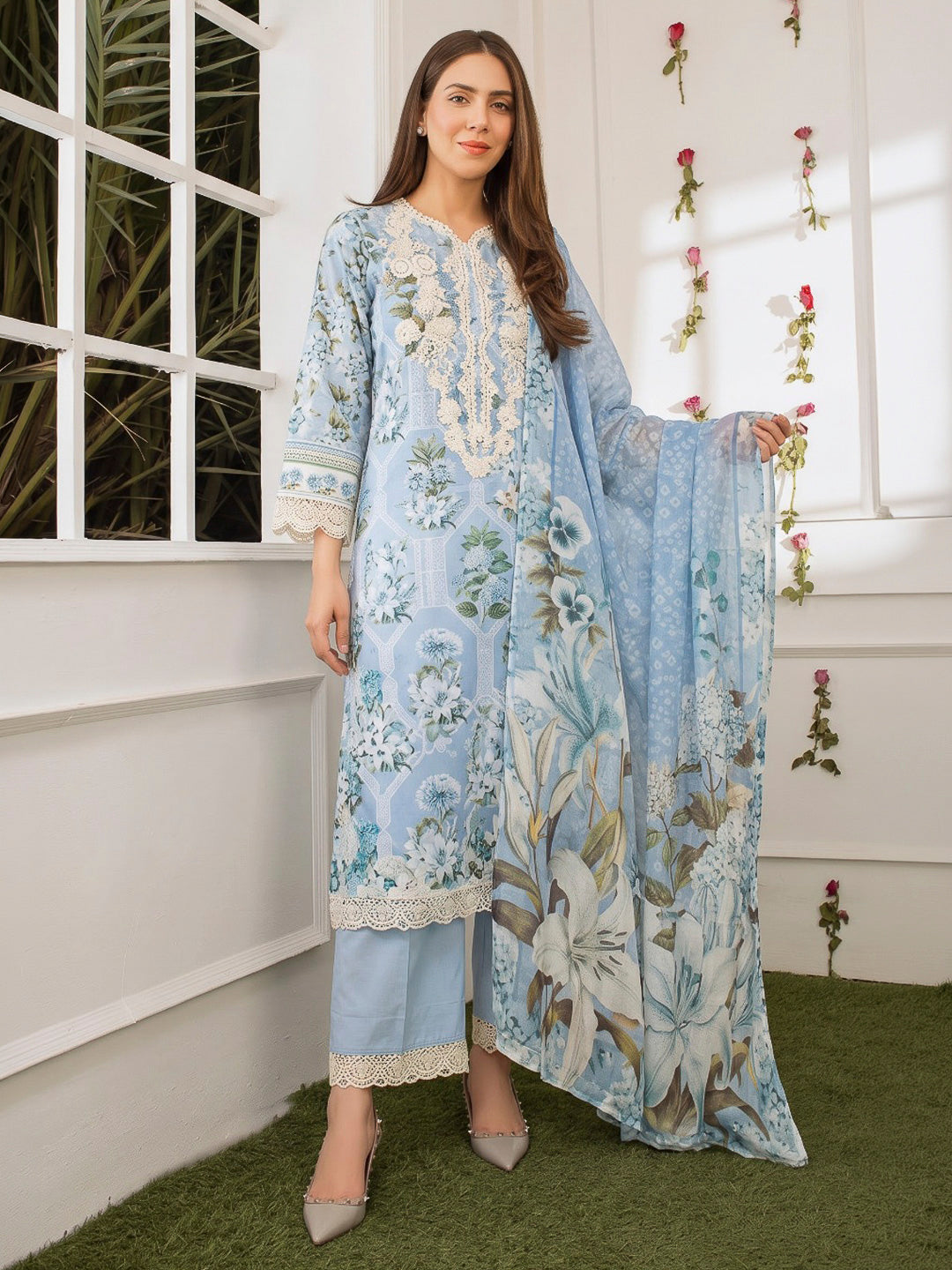Blue Lt Embroidered Cotton Blend Kurta With Pant &amp; Dupatta