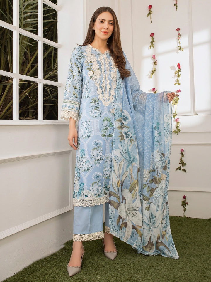 Blue Lt Embroidered Cotton Blend Kurta With Pant &amp; Dupatta