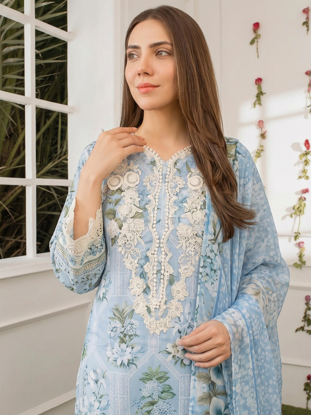 Blue Lt Embroidered Cotton Blend Kurta With Pant &amp; Dupatta