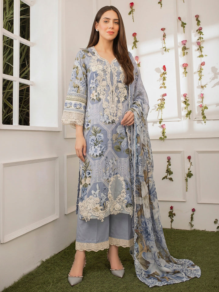 Blue Embroidered Cotton Blend Kurta With Pant &amp; Dupatta