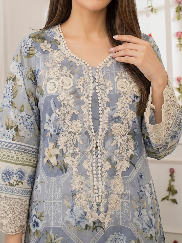 Blue Embroidered Cotton Blend Kurta With Pant &amp; Dupatta