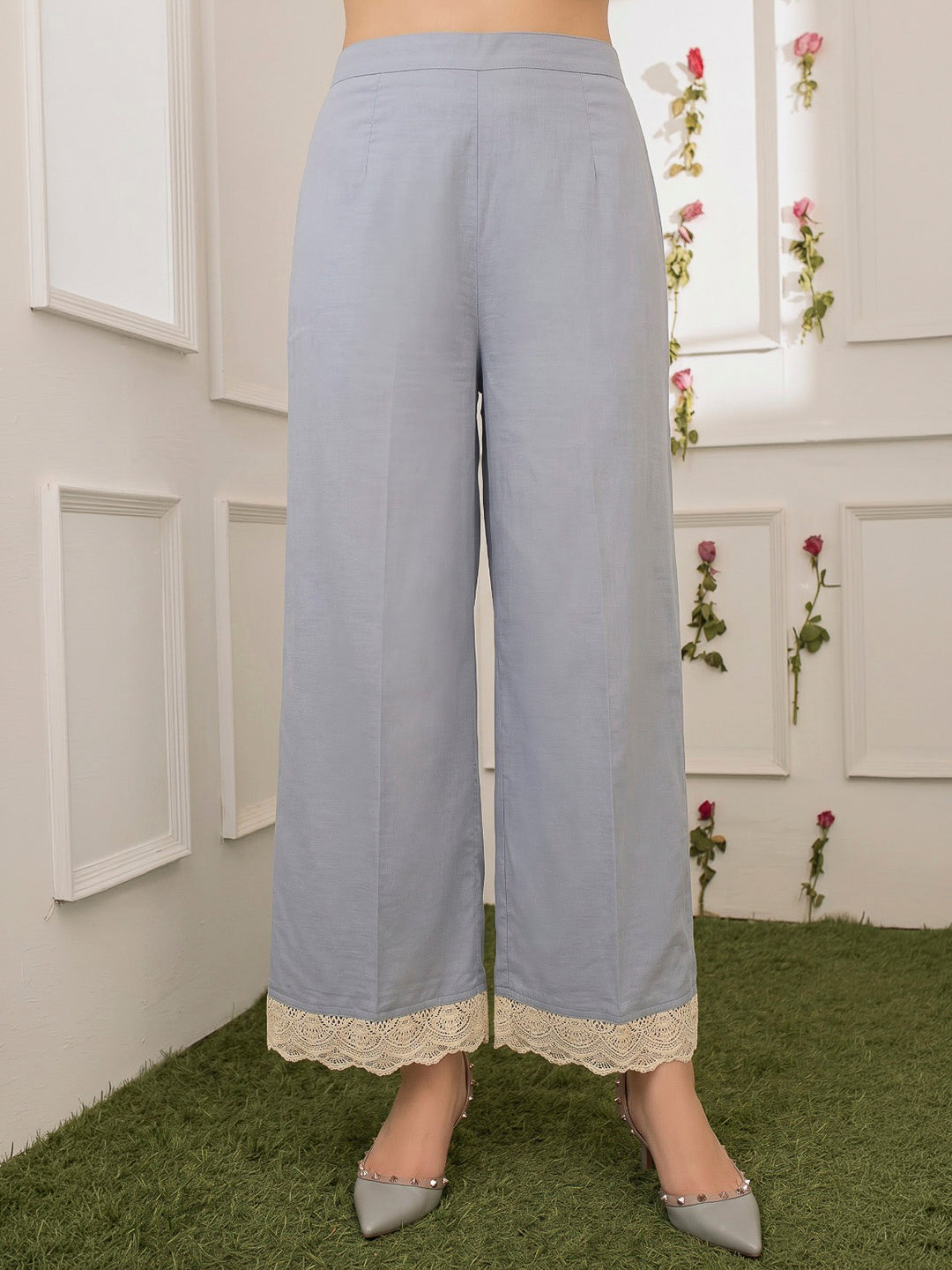 Blue Embroidered Cotton Blend Kurta With Pant &amp; Dupatta