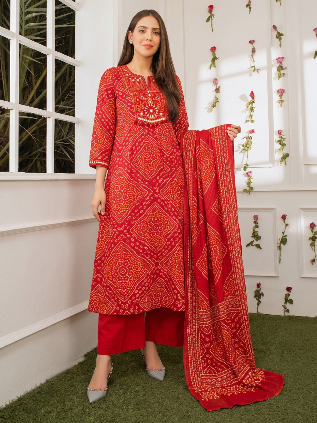 Red Printed Cotton Blend Kurta With Pant &amp; Dupatta