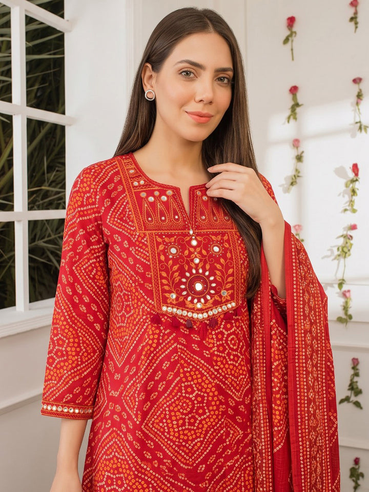 Red Printed Cotton Blend Kurta With Pant &amp; Dupatta