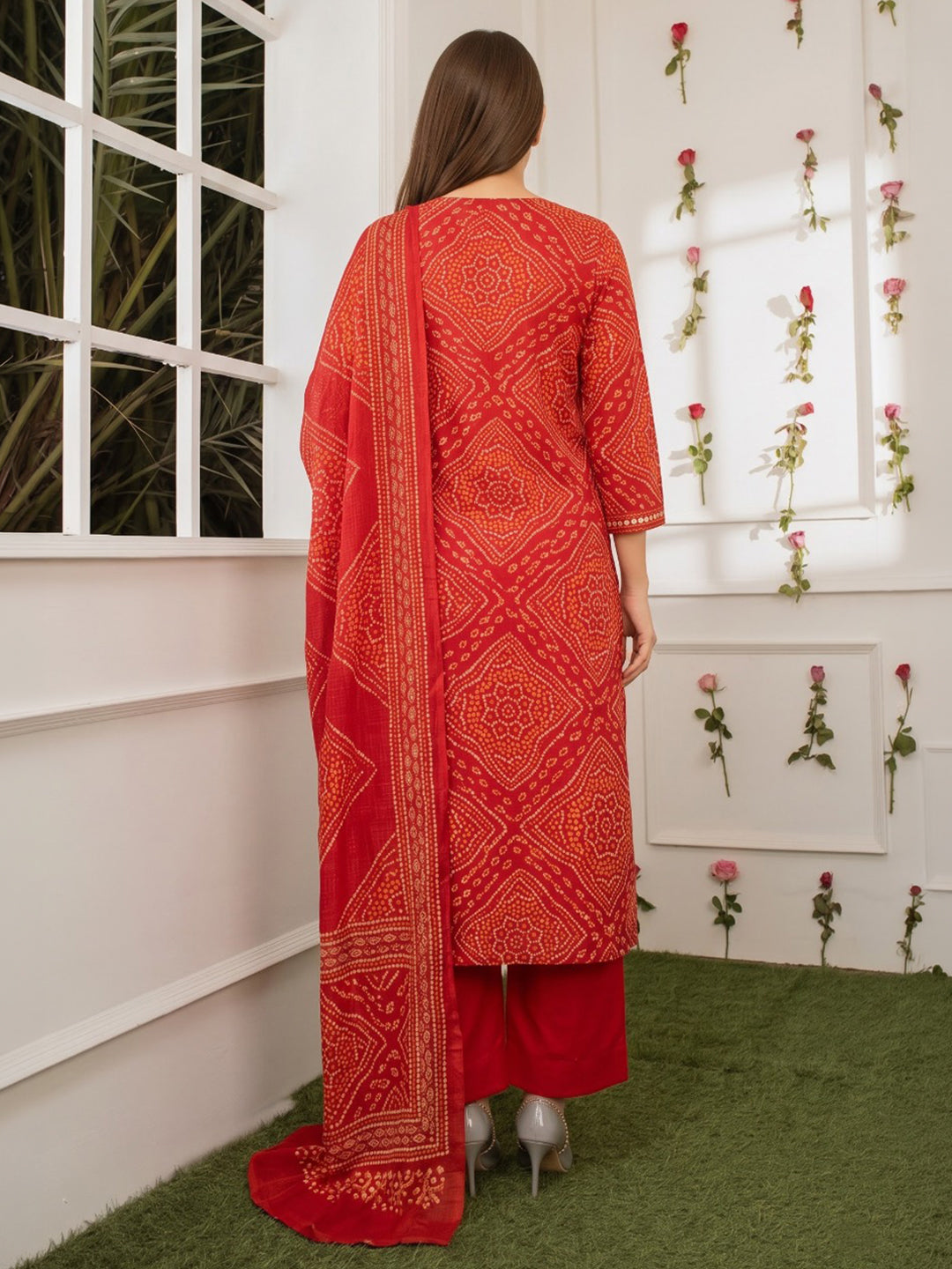 Red Printed Cotton Blend Kurta With Pant &amp; Dupatta