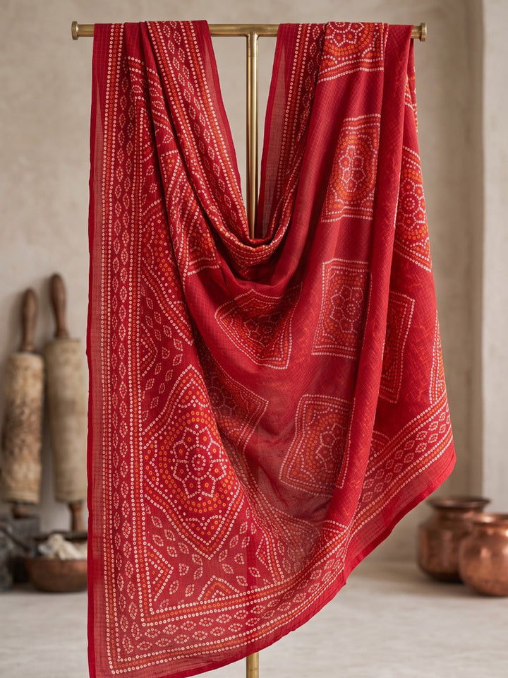 Red Printed Cotton Blend Kurta With Pant &amp; Dupatta