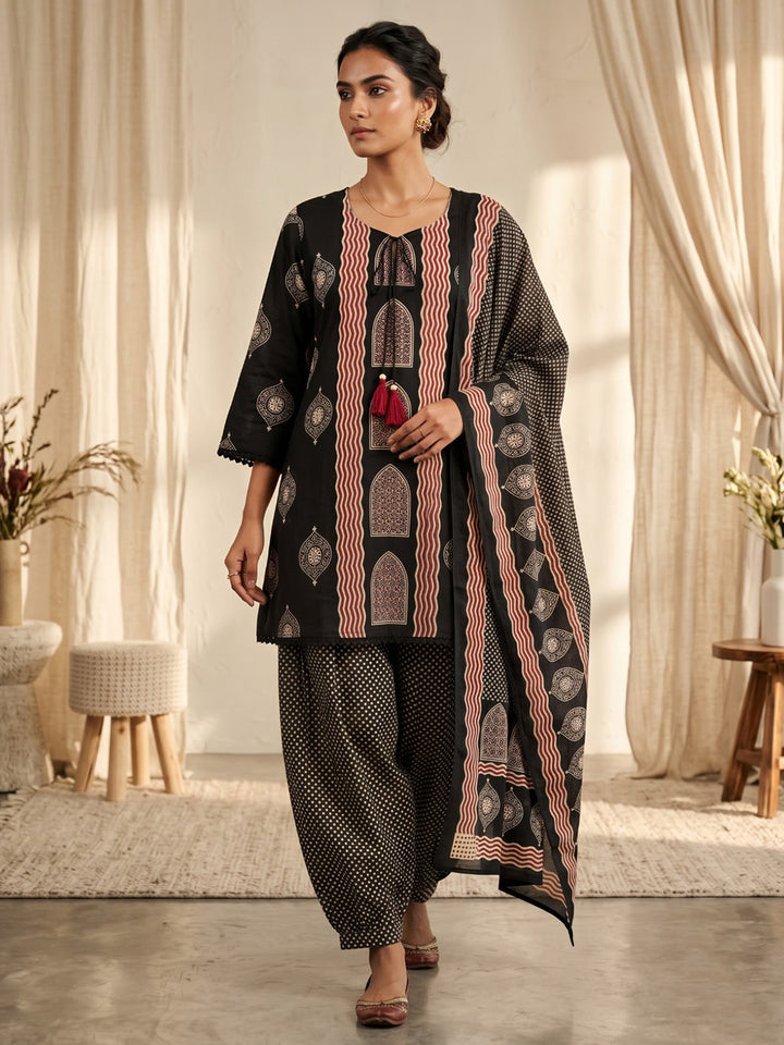 Black Printed Cotton Blend Kurta With Pant &amp; Dupatta