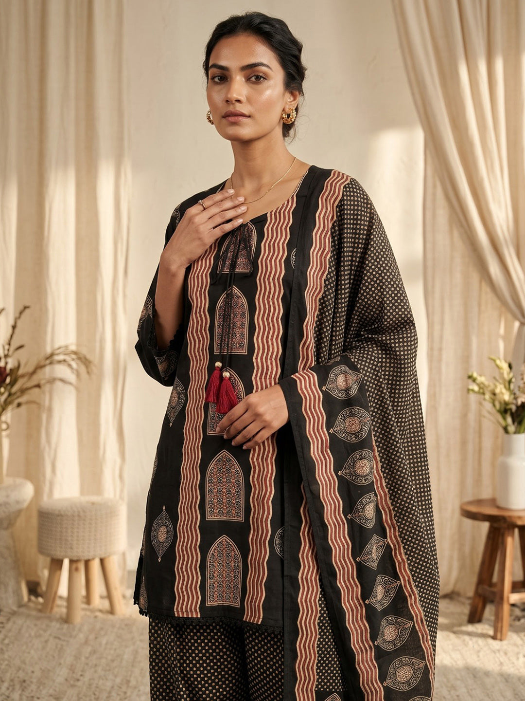 Black Printed Cotton Blend Kurta With Pant &amp; Dupatta