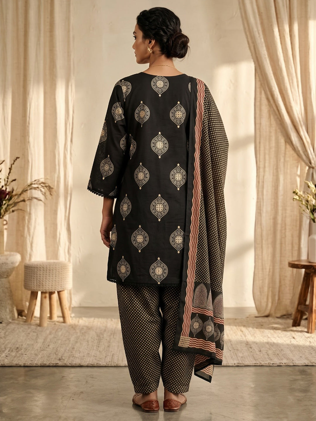Black Printed Cotton Blend Kurta With Pant &amp; Dupatta