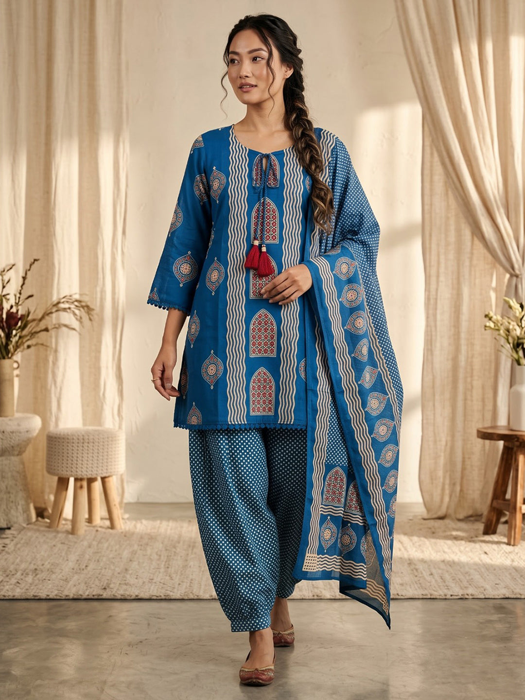 Blue Printed Cotton Blend Kurta With Pant &amp; Dupatta