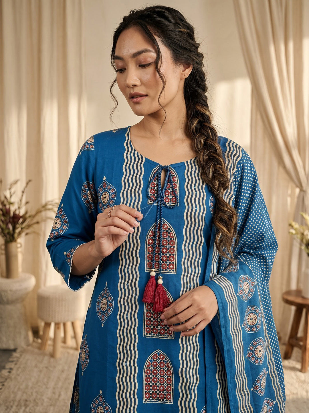 Blue Printed Cotton Blend Kurta With Pant &amp; Dupatta