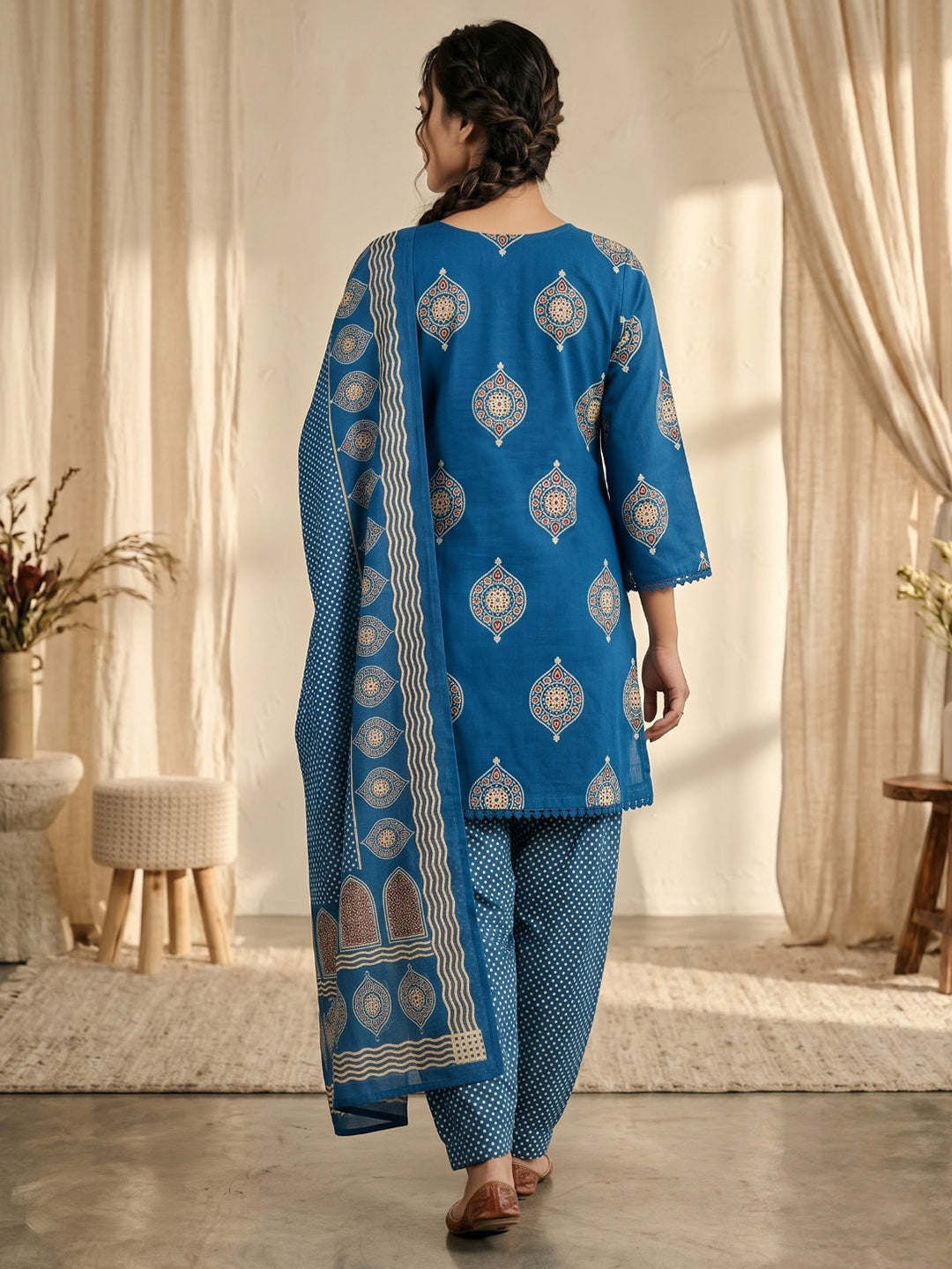 Blue Printed Cotton Blend Kurta With Pant &amp; Dupatta