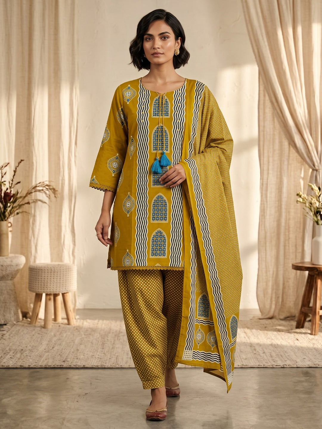Yellow Printed Cotton Blend Kurta With Pant &amp; Dupatta