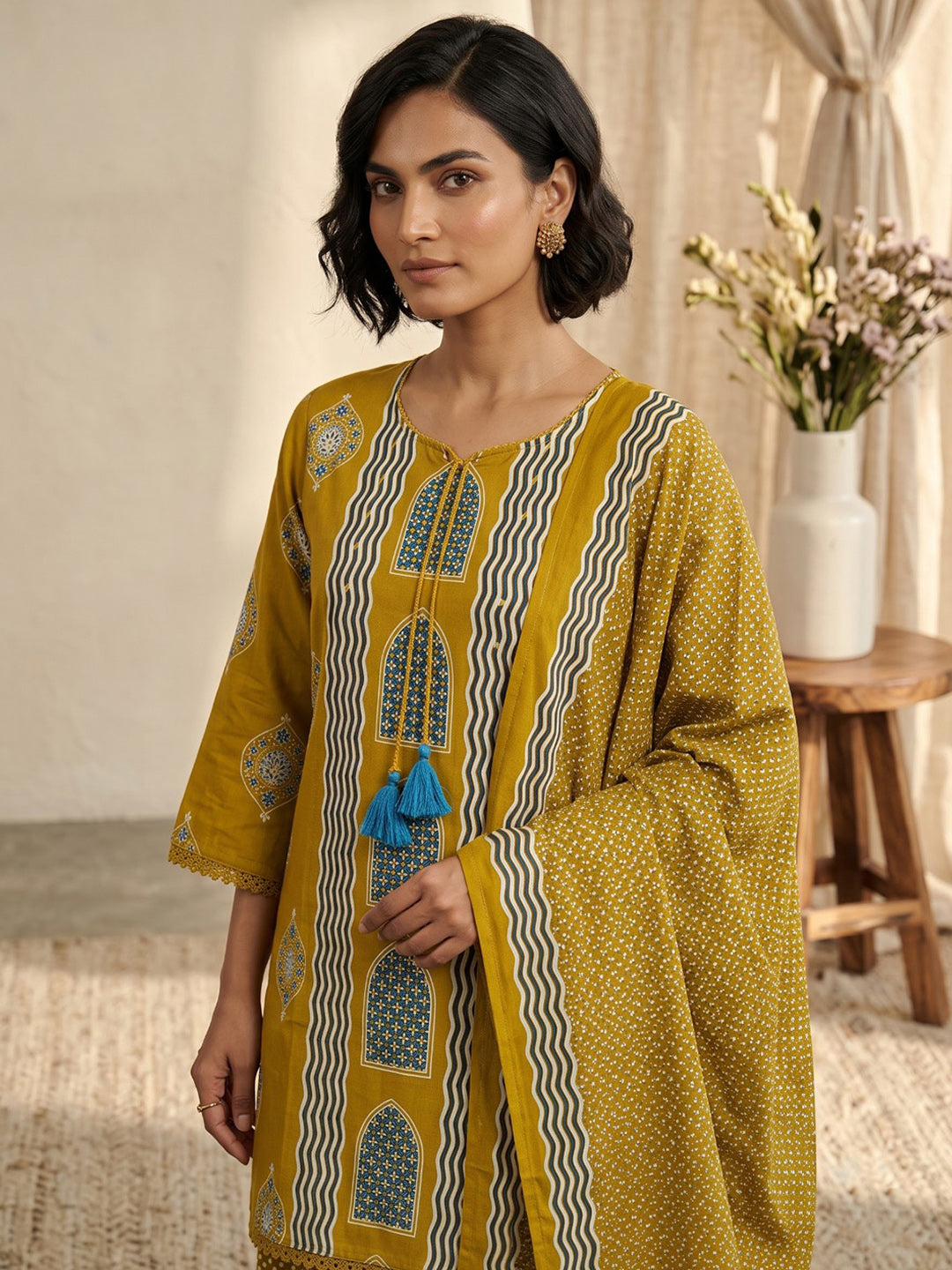 Yellow Printed Cotton Blend Kurta With Pant &amp; Dupatta