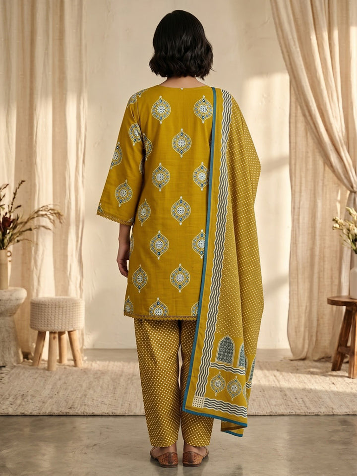 Yellow Printed Cotton Blend Kurta With Pant &amp; Dupatta