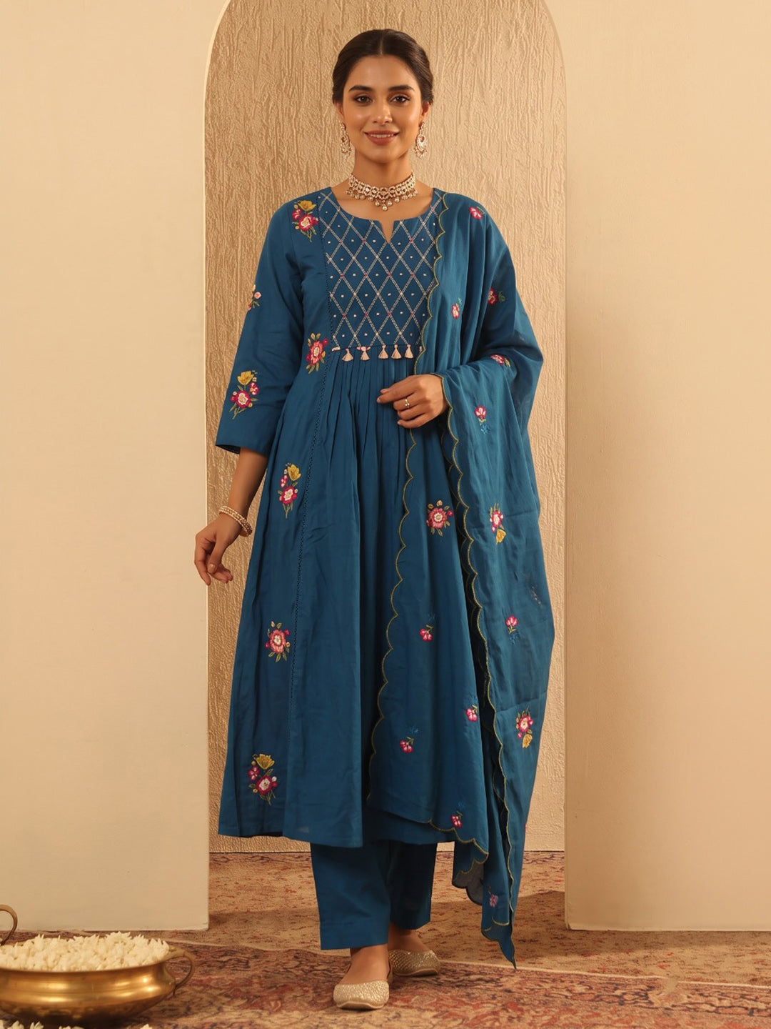 Blue Embroidered Cotton Blend Kurta With Pant &amp; Dupatta