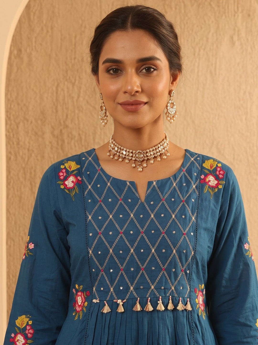 Blue Embroidered Cotton Blend Kurta With Pant &amp; Dupatta